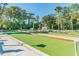 Bocce ball court surrounded by palm trees and green benches for playing a friendly game in the community at 11628 Aspenwood Dr, New Port Richey, FL 34654