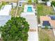 Aerial view of property showcases the home's layout, pool, storage shed, and surrounding neighborhood at 1512 56Th N Ave, St Petersburg, FL 33703