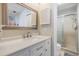 Renovated bathroom with new vanity, framed mirror, and glass-enclosed shower at 1515 Bayshore Blvd # 38, Dunedin, FL 34698