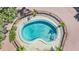 Aerial view of a round community swimming pool surrounded by lush trees and brick patio at 1515 Bayshore Blvd # 38, Dunedin, FL 34698
