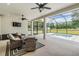 Screened in lanai has seating, tv and overlooks a refreshing plunge pool and beautiful backyard at 17566 Hyland Ln, Dade City, FL 33523