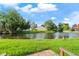 Serene backyard view with lush lawn and tranquil lake view at 4036 Davit Dr, New Port Richey, FL 34652