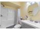 Bathroom featuring white shower and sink with gray vanity at 4036 Davit Dr, New Port Richey, FL 34652