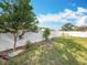 A beautiful backyard view of a landscaped yard and white vinyl fencing at 5808 Silver Moon Ave, Tampa, FL 33625