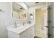 Modern bathroom featuring a white vanity with granite countertop, framed mirror and decorative plants at 5825 Oakhurst Dr, Seminole, FL 33772
