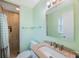 A bathroom with green walls features a tile shower, sink, and mirror at 6639 Winding Oak Dr, Tampa, FL 33625