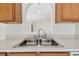 Close-up of kitchen sink with stainless steel faucet and countertop with wood cabinets below at 11627 Ivy Flower Loop, Riverview, FL 33578