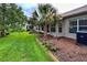Lush backyard with a palm tree, well-maintained lawn, and a charming brick-lined flower bed at 18531 Bent Pine Dr, Hudson, FL 34667