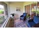 Inviting screened porch featuring comfortable seating, a patterned rug, and a view of the green lawn at 18531 Bent Pine Dr, Hudson, FL 34667