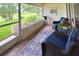 Inviting screened porch featuring comfortable seating, a patterned rug, and a view of the green lawn at 18531 Bent Pine Dr, Hudson, FL 34667