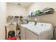 Functional laundry room with a utility sink, washer, dryer, and storage shelving at 2238 Lark W Cir # D, Palm Harbor, FL 34684