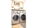 Convenient laundry room with modern washer and dryer and upper storage cabinets at 34 Harbor Oaks Cir, Safety Harbor, FL 34695