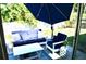 Outdoor patio features navy furniture, a white coffee table, and a large umbrella at 34 Harbor Oaks Cir, Safety Harbor, FL 34695