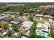 A high-angle view shows a residential neighborhood with swimming pools, lush greenery, and well-maintained homes at 6551 S West Shore Cir, Tampa, FL 33616