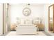 Bright bedroom featuring comfortable bed with neutral bedding, mirrored wall decor, ceiling fan, and side tables at 1712 Tropical Oasis Ave, Plant City, FL 33565