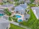 Aerial view showcasing a private pool, backyard patio, lush landscaping and mature trees surrounding the property at 1807 Split Fork Dr, Oldsmar, FL 34677