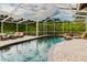 A beautiful screened-in pool featuring a waterfall spa and outdoor seating area surrounded by lush trees at 1974 Hidden Springs Pl, Clearwater, FL 33760