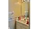 Powder room features floral wallpaper, white vanity, and decorative mirror at 23112 Emerson Way, Land O Lakes, FL 34639