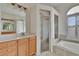 Bathroom featuring a walk in shower, soaking tub, and wooden cabinetry at 27440 Cedar Park Ct, Wesley Chapel, FL 33544