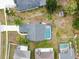 Birds-eye perspective of the property featuring a refreshing blue pool in a fenced backyard at 5112 Parkway Blvd, Land O Lakes, FL 34639