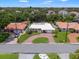 An aerial view of a single-story home with a manicured front yard, a red brick driveway and tile roof in a verdant neighborhood at 715 45Th Ne Ave, St Petersburg, FL 33703