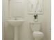 The cozy half bathroom shows a sleek pedestal sink and a toilet, all under a modern piece of art at 11836 Blue Diamond Trl, Parrish, FL 34219