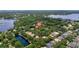 An aerial view of a home nestled among lush trees, near a tranquil lake at 1936 Floresta View Dr, Tampa, FL 33618