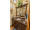 Bathroom vanity with dark wood cabinets, granite countertops, and decorative plants at 502 Dewolf Rd, Brandon, FL 33511