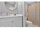 Bathroom showcasing a white vanity with mirror and shower at 511 Island Way, Clearwater Beach, FL 33767