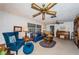 Cozy living room with carpet, blue furniture, natural lighting and a decorative ceiling fan at 5919 35Th N Ave, St Petersburg, FL 33703
