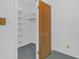The walk-in closet has built-in shelving, neutral walls, and blue carpet at 7002 Doreen St, Tampa, FL 33617
