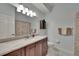 Bathroom with wooden vanity, marble countertop, and decorative light fixture at 10515 Canary Isle Dr, Tampa, FL 33647