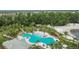 Aerial showcasing the community pool and lounge area with lush landscaping and nearby lake access at 10515 Canary Isle Dr, Tampa, FL 33647