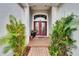Inviting front entrance with decorative plants flanking the walkway and a red double door at 10515 Canary Isle Dr, Tampa, FL 33647