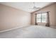 Spacious bedroom with carpet, large window, and ceiling fan at 11121 Cherrywood Ct, Spring Hill, FL 34609