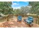 Wooden deck with furniture overlooking a fenced backyard and mature trees at 611 Shore E Dr, Oldsmar, FL 34677