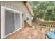 Wooden deck with sliding glass doors and a view of the backyard and foliage at 611 Shore E Dr, Oldsmar, FL 34677