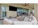 Covered outdoor patio area with sliding doors, comfortable seating, mounted television and ceiling fan at 9136 Warm Springs Cir, Parrish, FL 34219