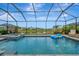 Sparkling screened-in pool with lush landscaping and serene lake view, complete with lounge chairs at 9136 Warm Springs Cir, Parrish, FL 34219