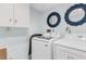Functional laundry room featuring a white washer and dryer set, storage cabinet, and decorative blue mirrors at 17334 Gulf Blvd # 203, North Redington Beach, FL 33708