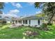 Well-manicured backyard with a stone patio outside the home at 2222 Westchester Blvd, Spring Hill, FL 34606