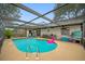 Backyard pool with screening, lounge chairs, inflatable toys and outdoor dining, great for Gathering fun and relaxation at 2329 Carrie Ct, Dunedin, FL 34698