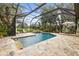 Screened-in pool area featuring stone decking, and tropical landscaping at 3402 Melissa Country Way, Lutz, FL 33559