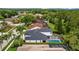 Aerial view of a single-Gathering home showcasing its roof, screened pool, and surrounding neighborhood with lush greenery at 4505 Anaconda Dr, New Port Richey, FL 34655
