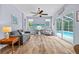 Cozy living room with hardwood floors, modern furniture, and sliding glass doors to the pool area at 4505 Anaconda Dr, New Port Richey, FL 34655