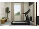 Home gym with treadmill, bench, and weights, well-lit with natural light from the window at 9414 Gladsome Dr, Land O Lakes, FL 34637