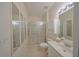 Bathroom with a single sink vanity, mirror, walk-in shower, and updated fixtures at 1012 Radison Lake Ct # 59, Sun City Center, FL 33573