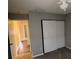 Bright bedroom with tan carpeted floor with gray walls leading to closet and hallway at 12804 Millridge Forest St, Tampa, FL 33624