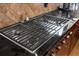 Close-up of a stovetop with black granite countertops and wood cabinets at 4128 Causeway Vista Dr, Tampa, FL 33615
