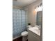 Well-maintained bathroom featuring a clean vanity, updated fixtures, and a shower with a patterned curtain at 4793 Pleasant Ave, Palm Harbor, FL 34683